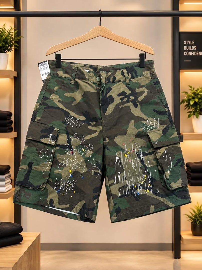 Camouflage Cargo Shorts with Paint Splatter - Men's Shorts in Kumasi