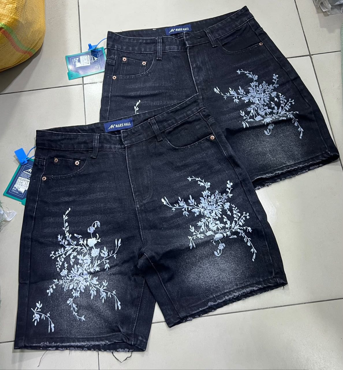 Black Floral Embroidered Denim Shorts - Men's Shorts in Kumasi