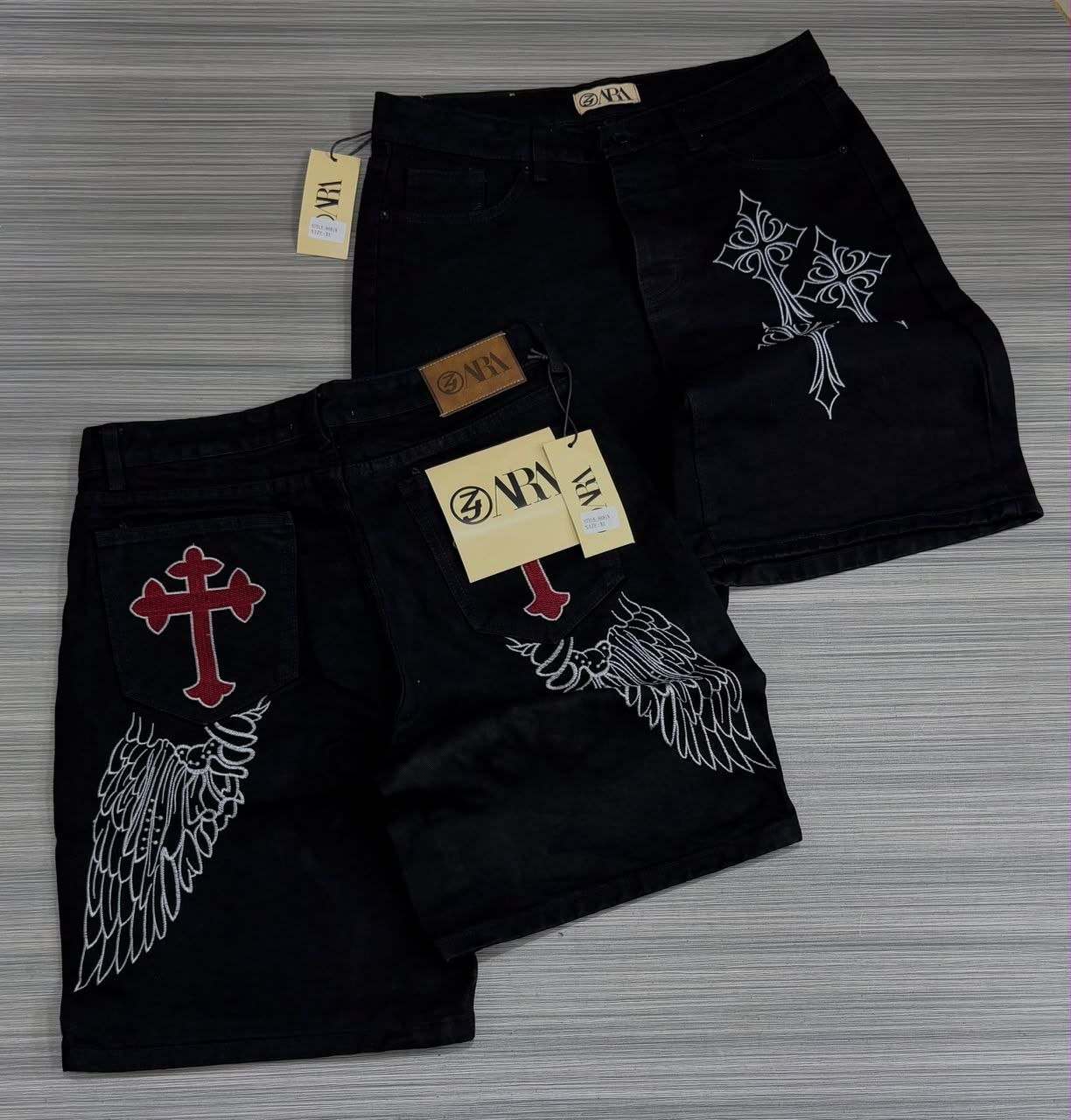 Black Denim Shorts with Cross and Wing Embroidery - Men's Shorts in Kumasi