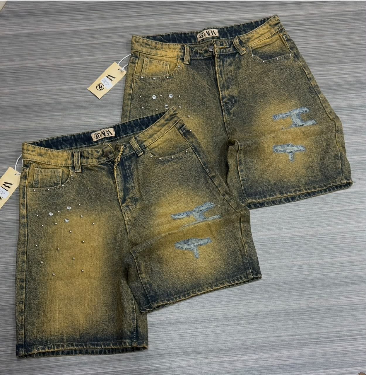 Vintage Wash Distressed Denim Shorts with Studs - Men's Shorts in Kumasi