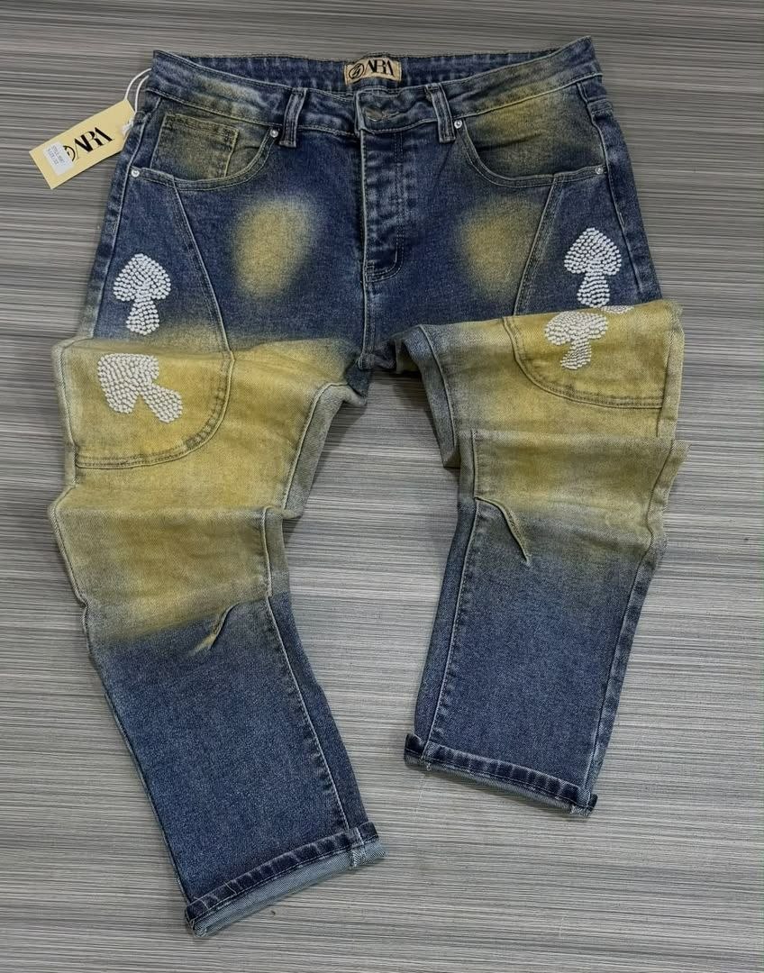 Blue Acid Wash Mushroom Motif Jeans - Men's Jeans in Kumasi