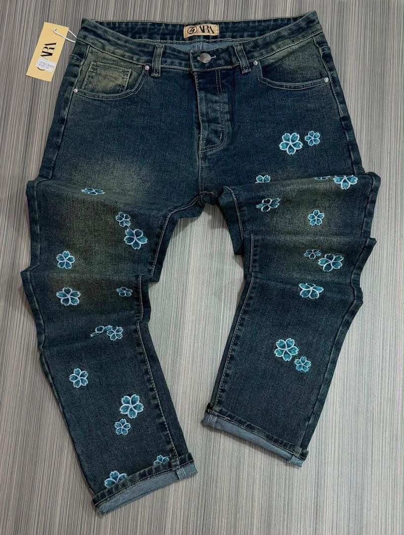 Dark Blue Floral Embroidered Jeans - Men's Jeans in Kumasi
