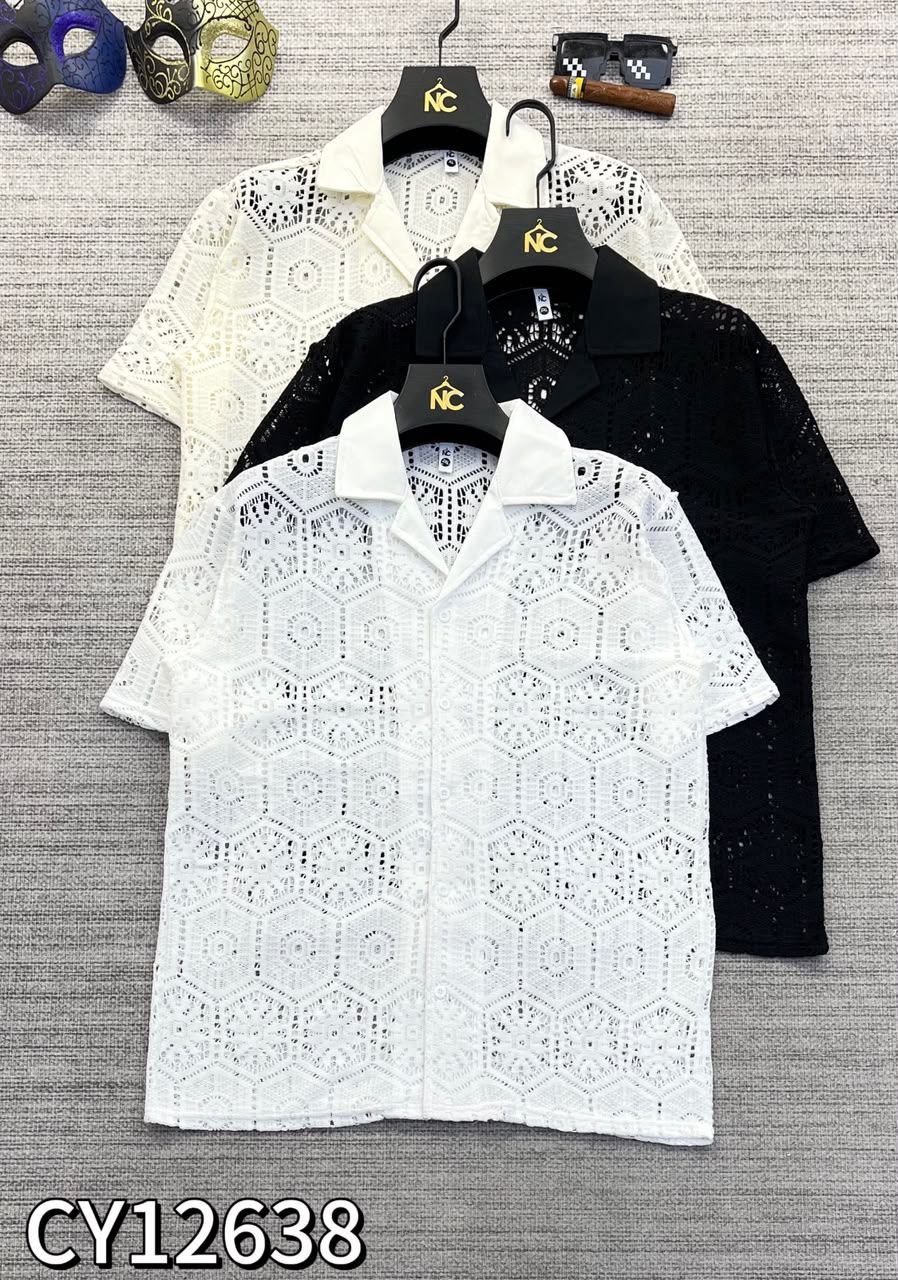 White Lace Button-Up Short Sleeve Shirt - Men's Shirts in Kumasi