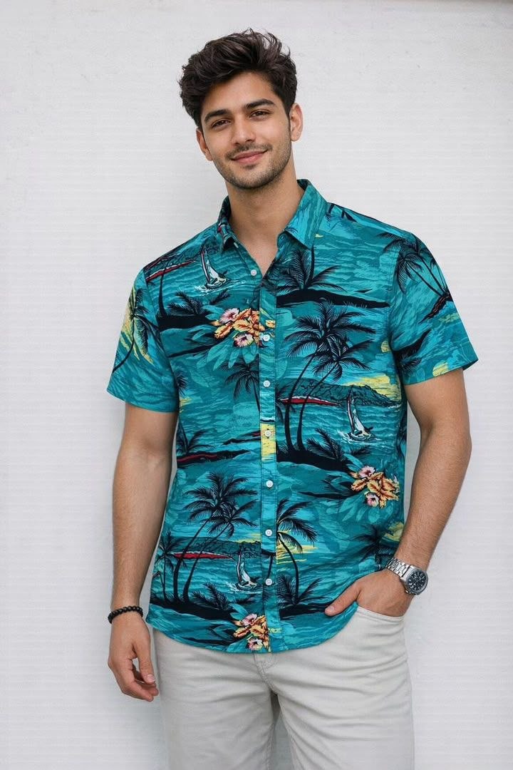 Teal Tropical Palm Print Short Sleeve Shirt - Men's Shirts in Kumasi