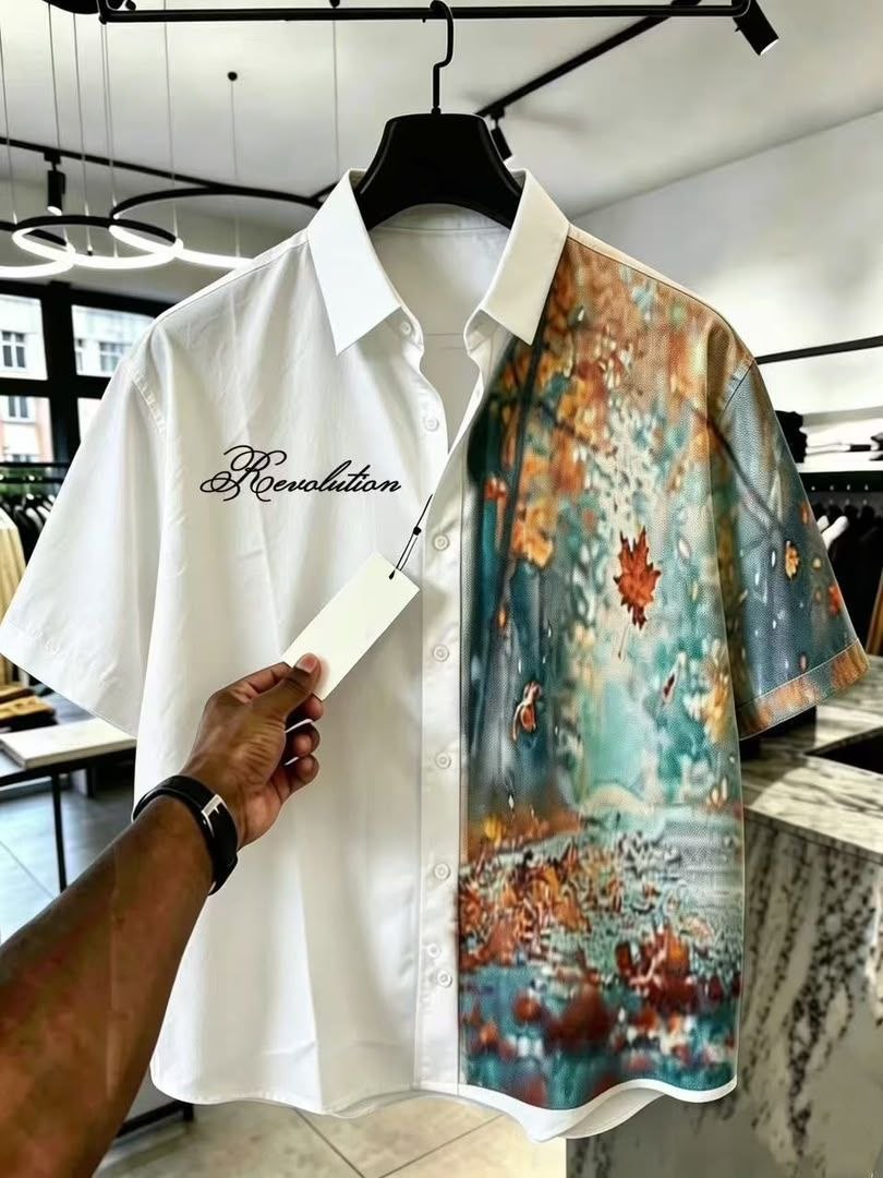 White and Landscape Print Half-Split Short Sleeve Shirt - Men's Shirts in Kumasi