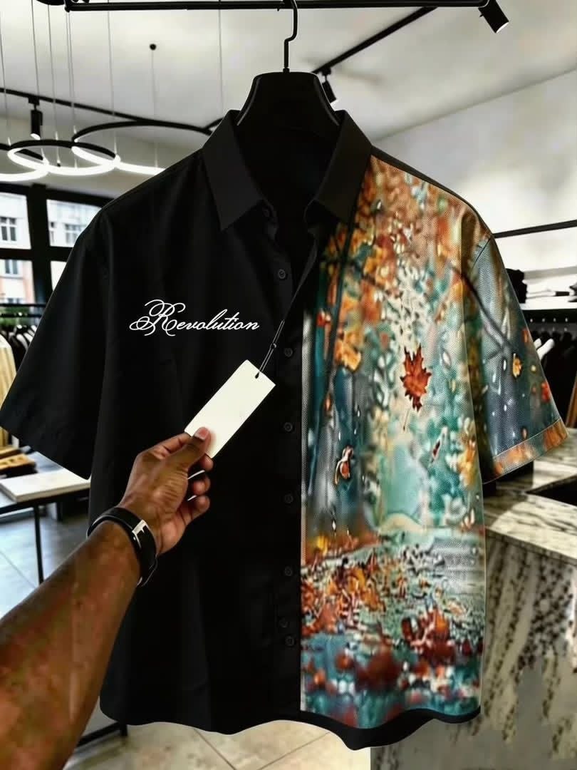 Black and Nature Print Revolution Short-Sleeve Shirt - Men's Shirts in Kumasi
