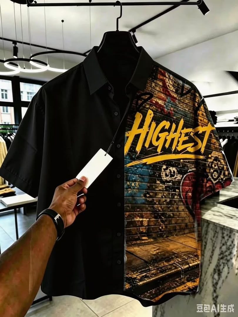 Black and Graffiti Print Highest Short-Sleeve Shirt - Men's Shirts in Kumasi