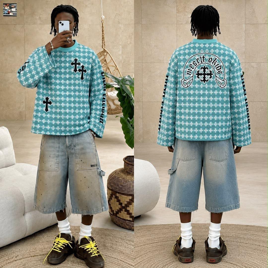 Blue Graphic Cross Pattern Long Sleeve Sweatshirt - Men's Shirts in Kumasi