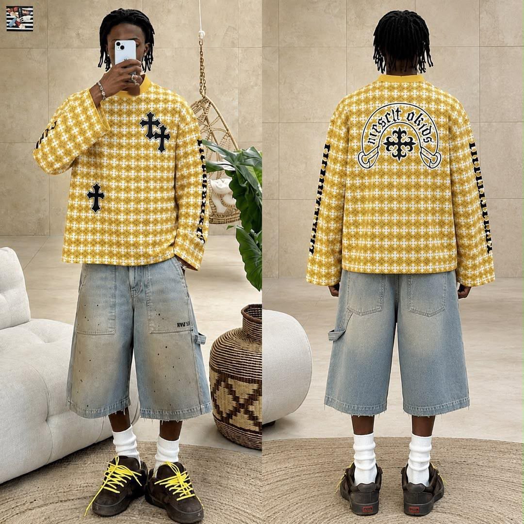 Yellow Graphic Cross Pattern Long Sleeve Sweatshirt - Men's Shirts in Kumasi