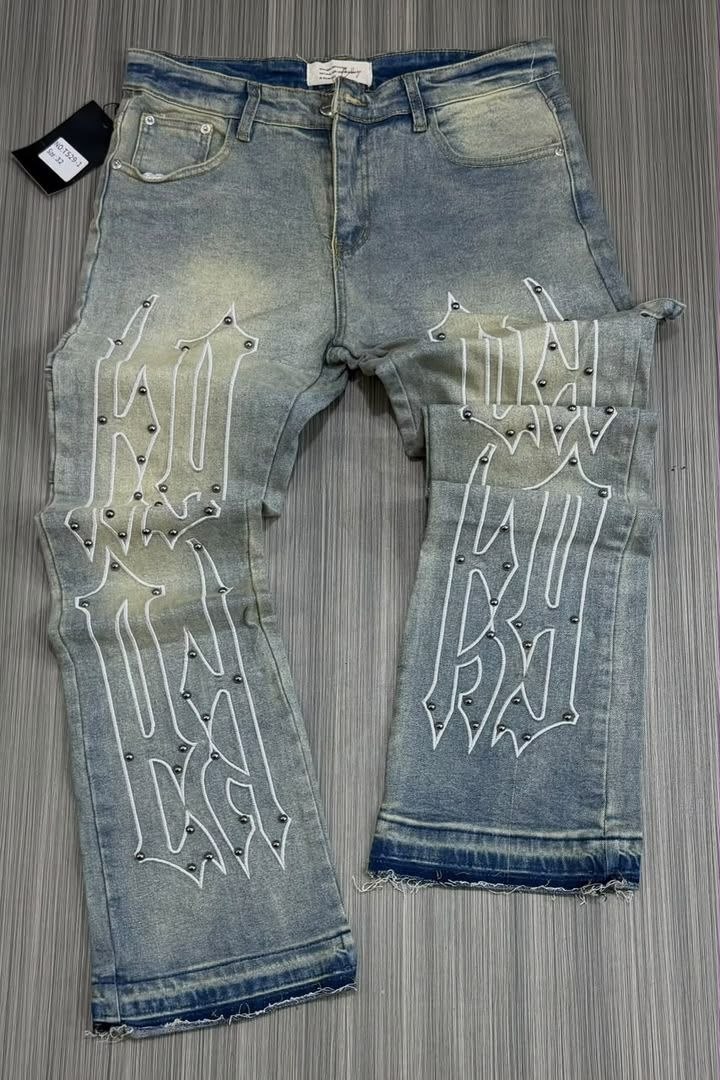 Light Wash Studded Graphic Jeans - Men's Jeans in Kumasi