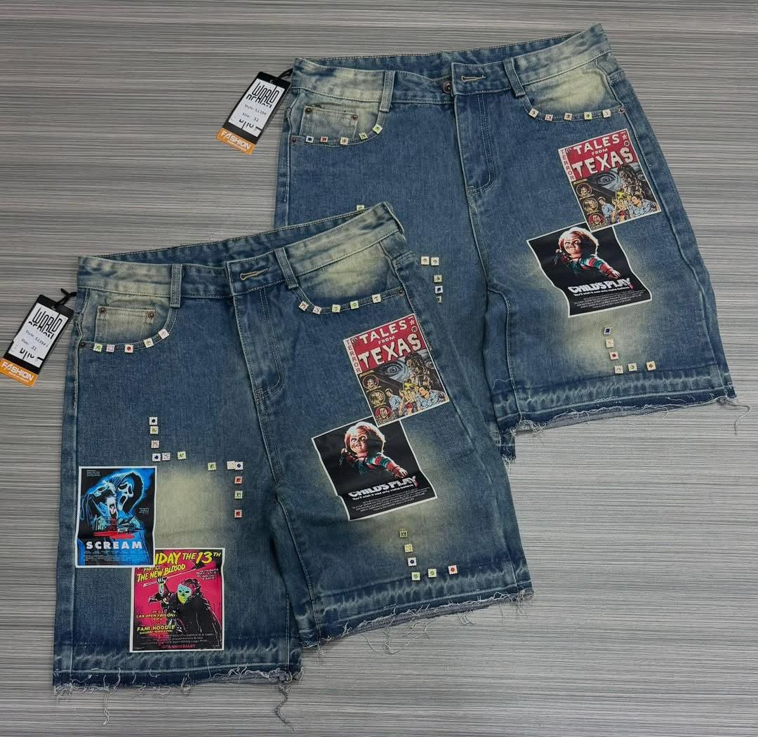 Distressed Denim Shorts with Horror Movie Patches - Men's Shorts in Kumasi