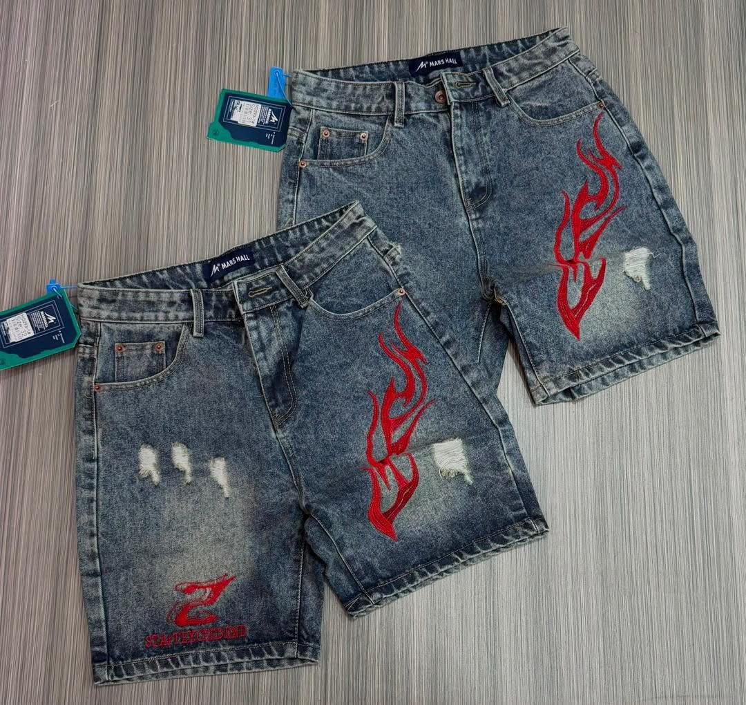 Red Flame Graphic Distressed Denim Shorts - Men's Shorts in Kumasi
